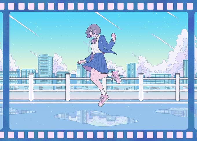 Anime Girl Jumping in Cityscape Frame