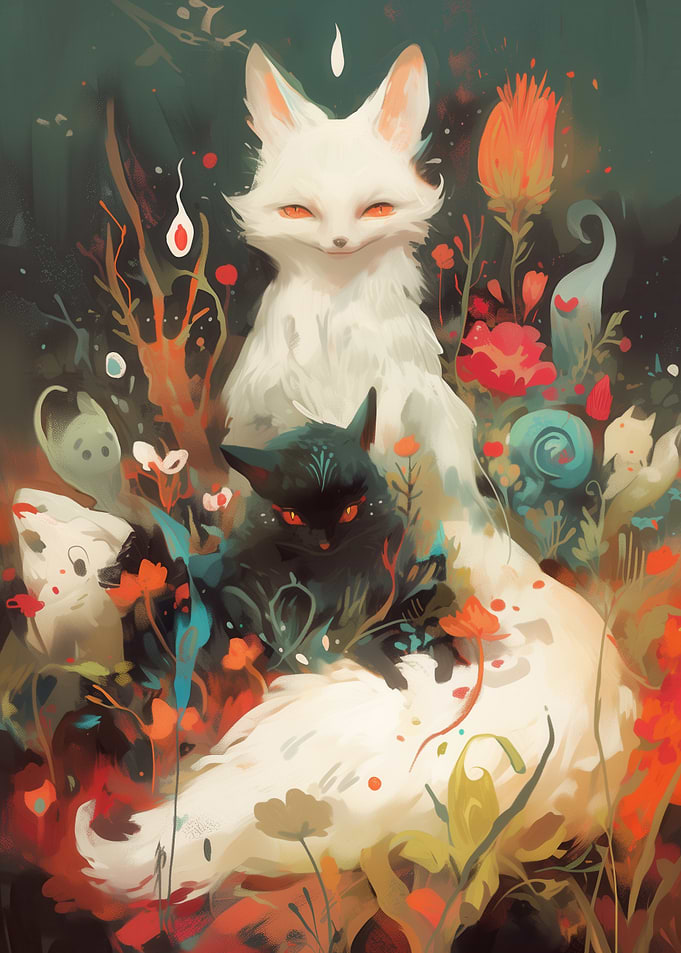Foxes in a mystical garden