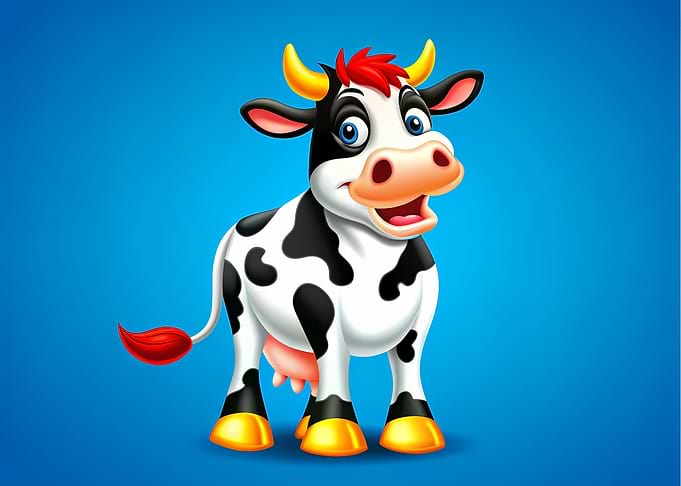 Happy Cartoon Dairy Cow — Black-and-White Mascot on Blue Background