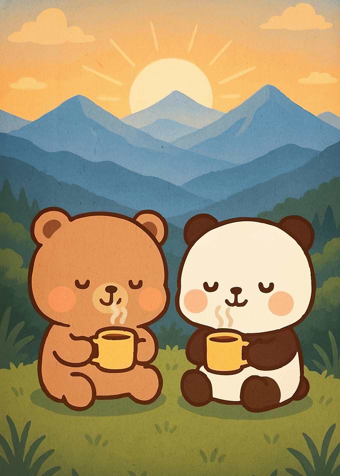 Cute Bears Enjoying Coffee Sunrise