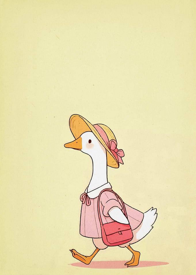 Cartoon Goose in Pink Dress and Hat