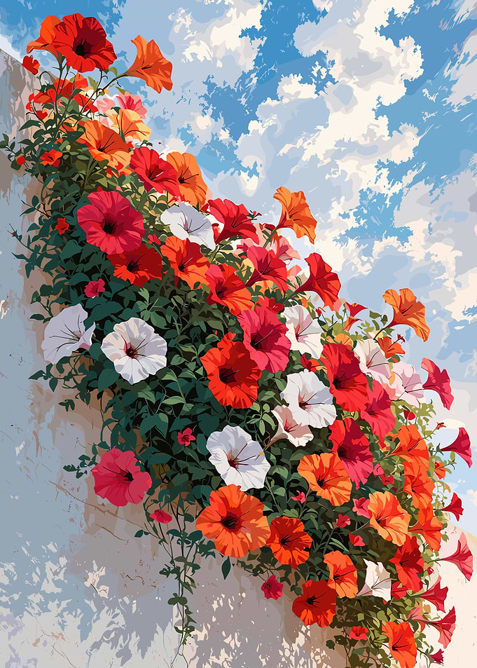 Colorful Petunias Against a Cloudy Sky