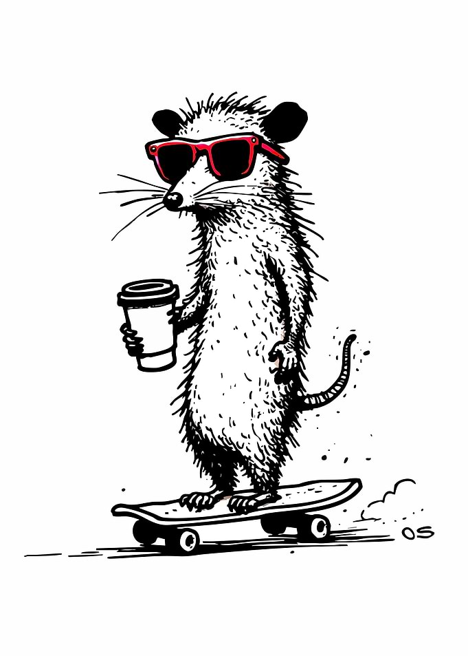 Cool Opossum Skateboarder with Coffee