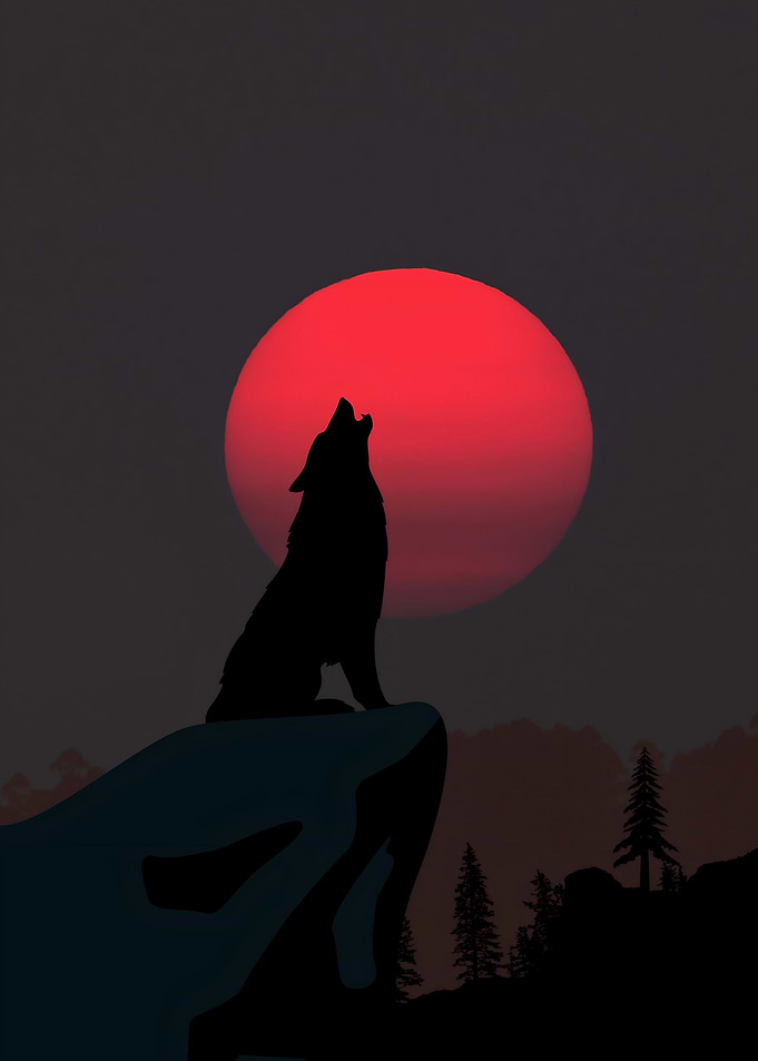 Wolf Howling at Red Moon Silhouette