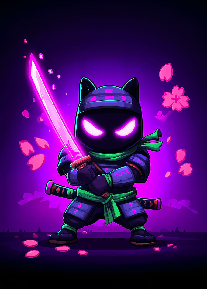 Cartoon Ninja Cat with Glowing Sword