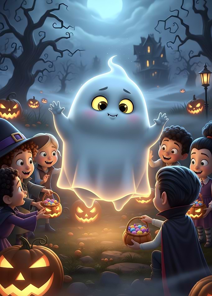 Cute Ghost and Trick or Treaters
