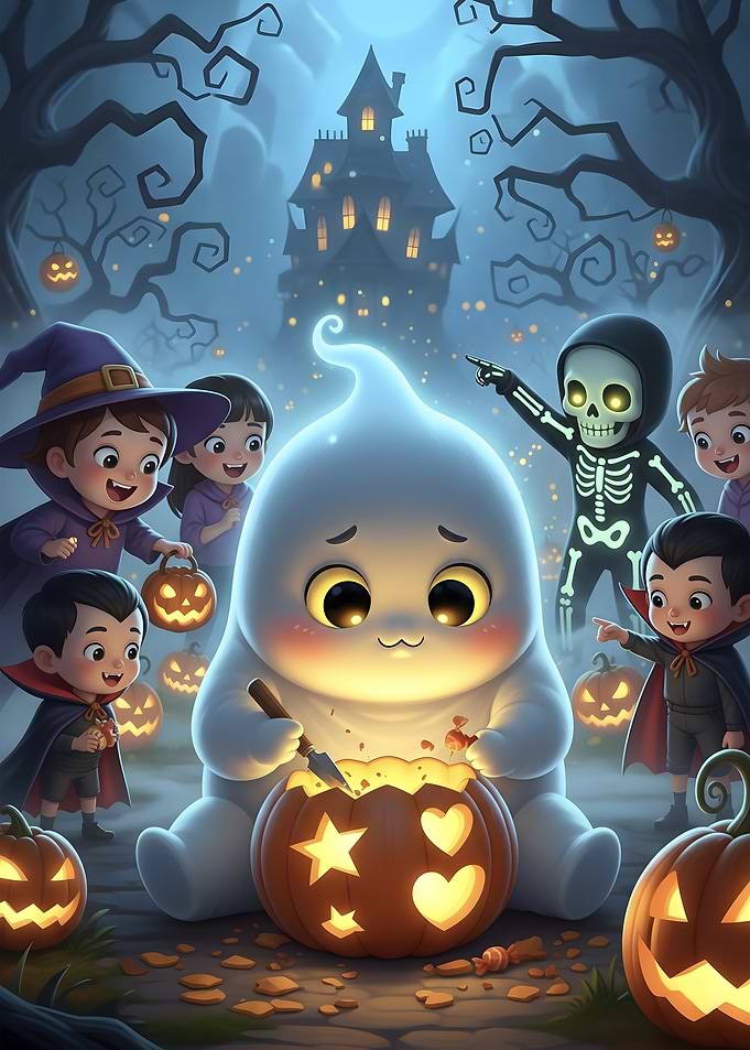 Cute Halloween Ghost Carving Pumpkin