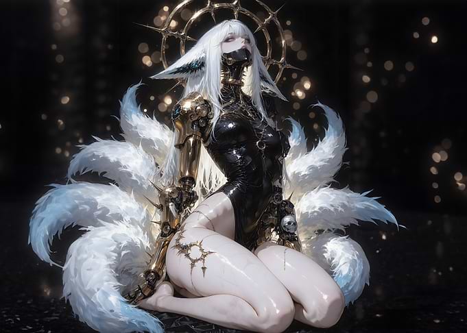 Cyberpunk Kitsune Girl with Nine Tails