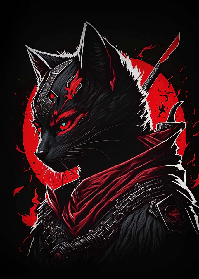 Samurai Cat Warrior with Red Accents