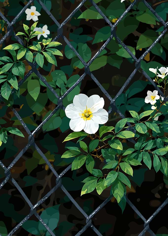 White Flowers on Fence
