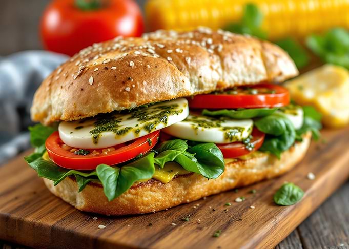 Caprese Sandwich on Wooden Board