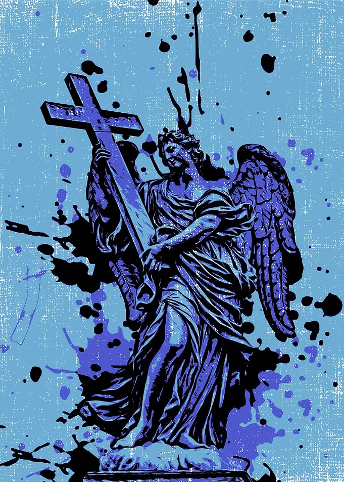 Angel Statue with Cross and Splatters