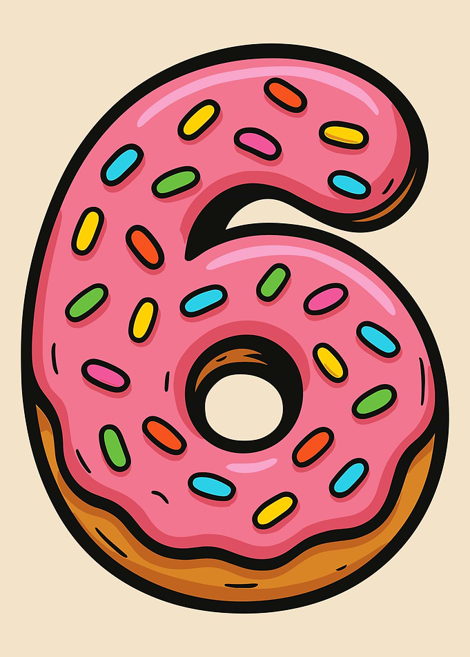Donut Number Six Cartoon Illustration