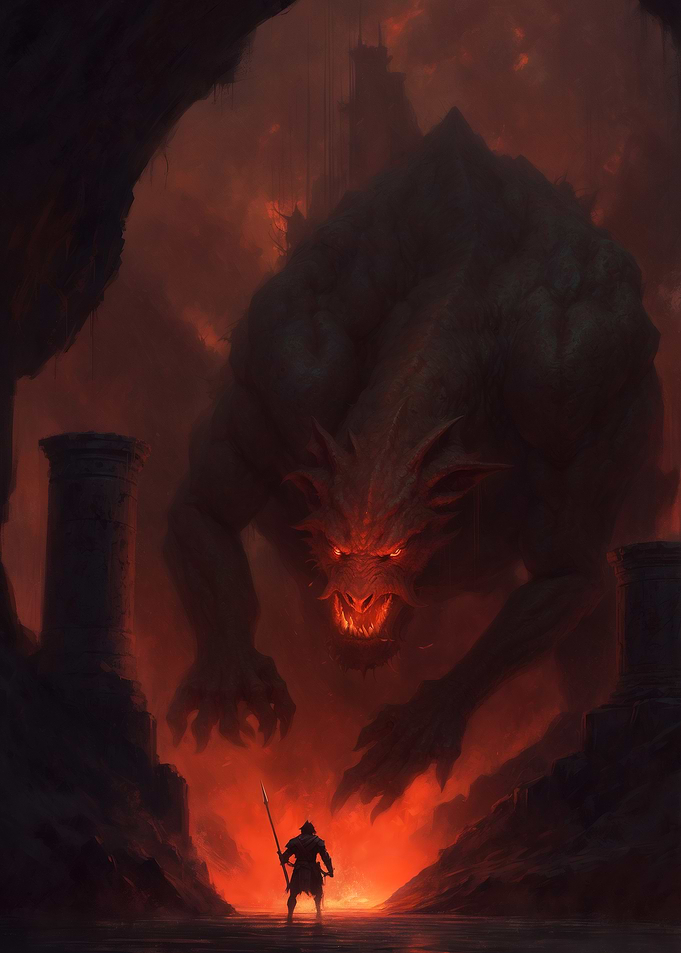 Fantasy Warrior Confronts a Dragon