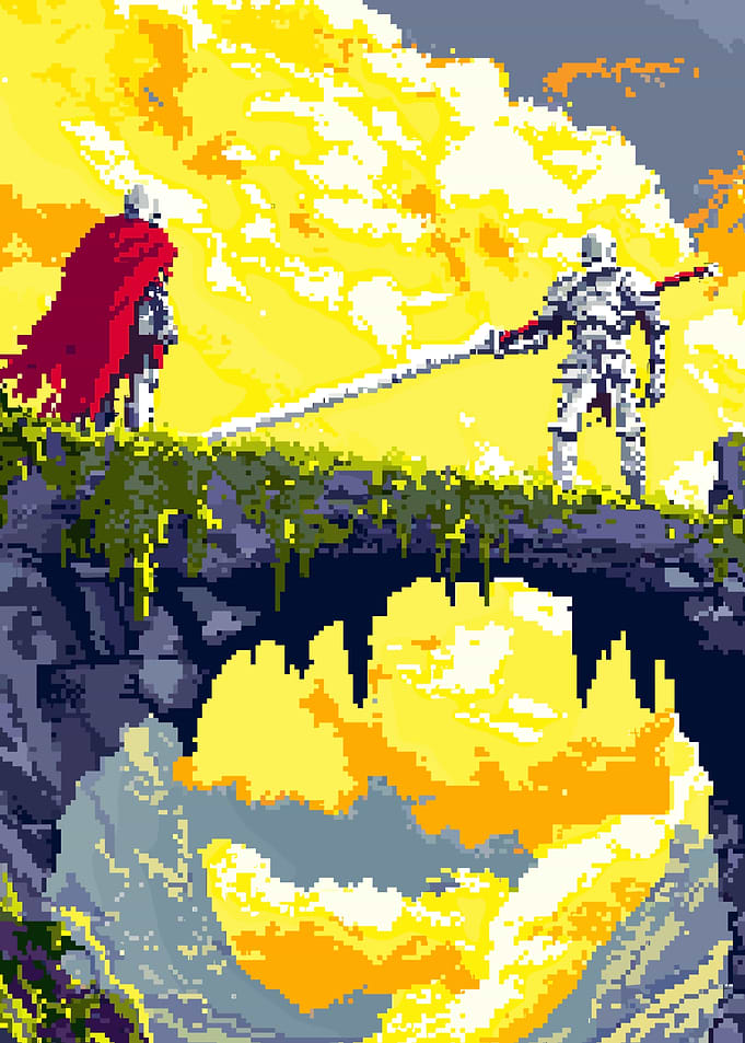 Pixel Art Knights on a Bridge