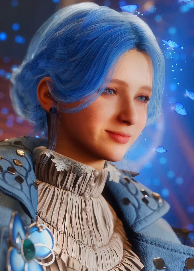 Blue-haired woman with butterflies