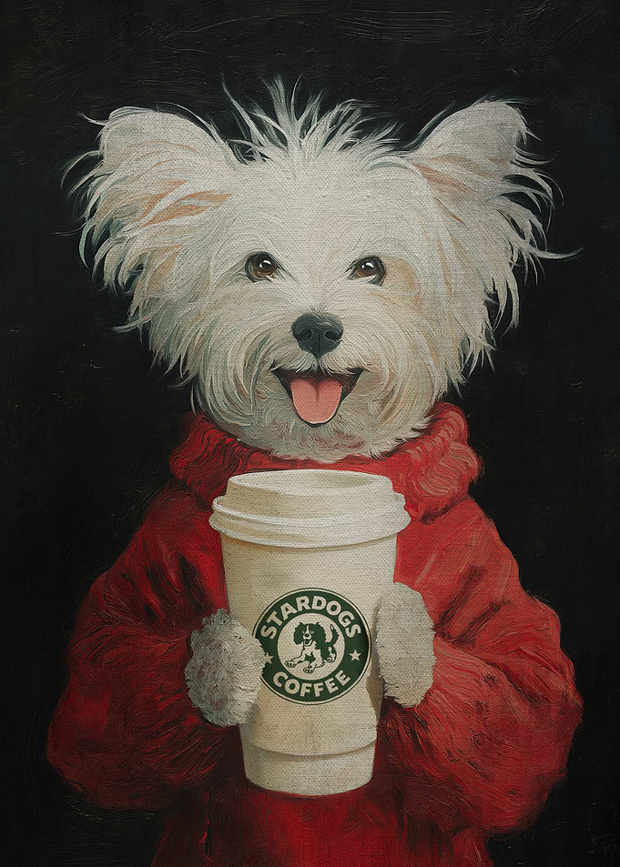 Dog with Coffee Cup Painting