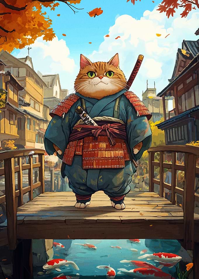 Samurai Cat on Bridge with Koi