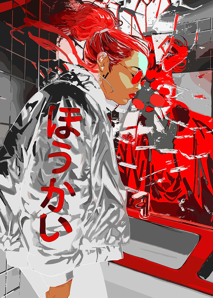 Red-haired woman in bathroom, digital art