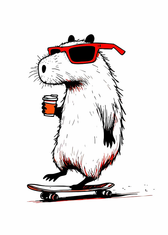 Capybara on Skateboard with Coffee