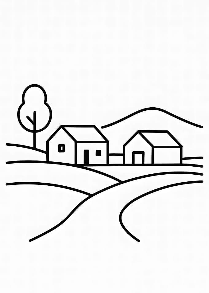 Minimalist Landscape with Houses and Tree