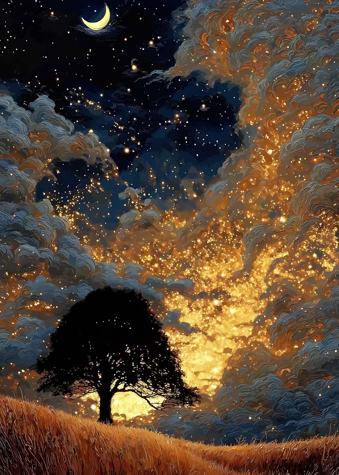Night Sky Tree with Golden Clouds
