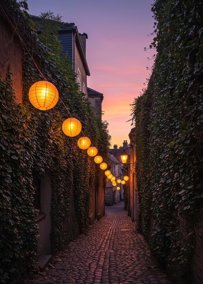Lantern-lit cobblestone alley at dusk