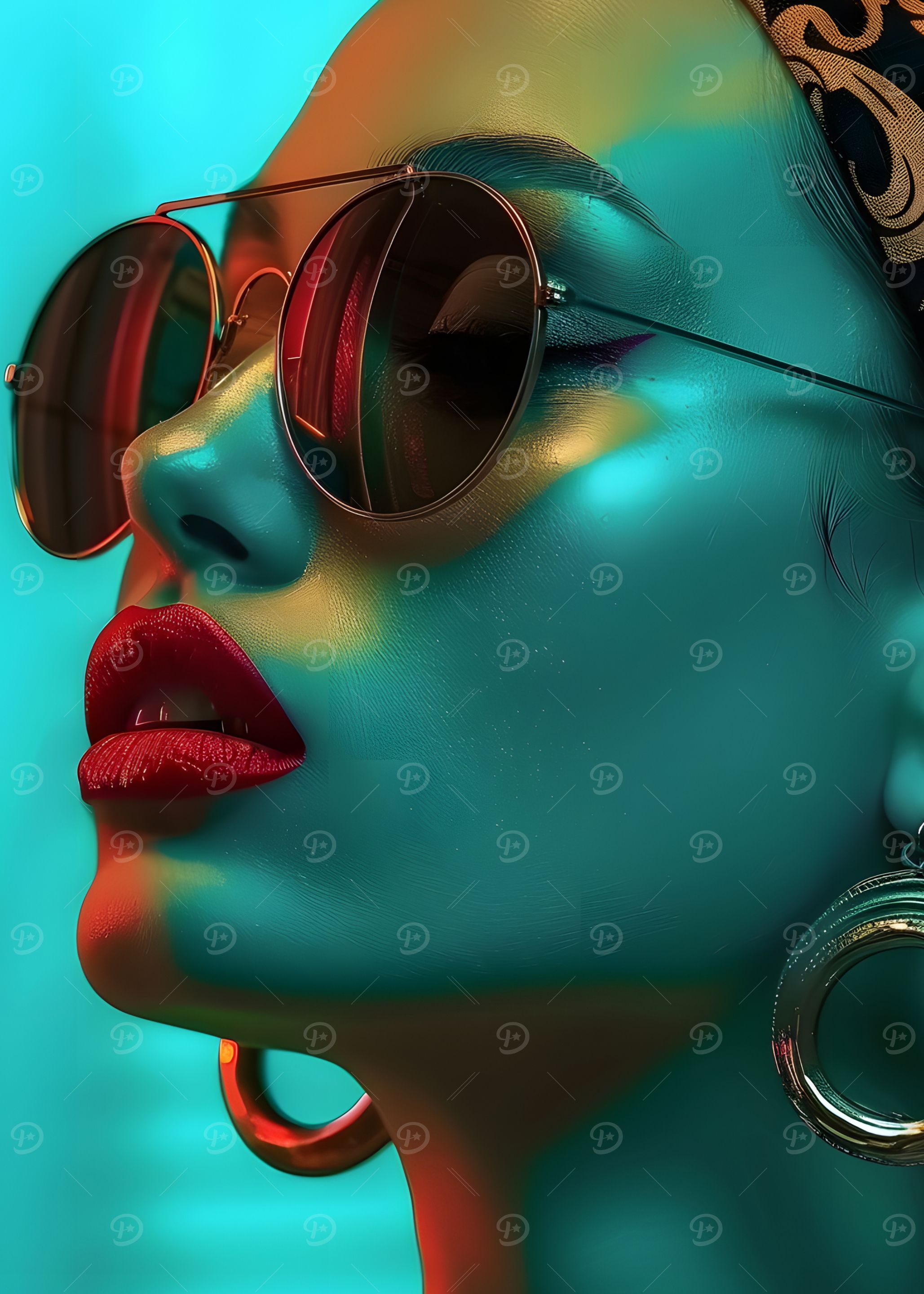 Woman with Sunglasses in Teal and Red