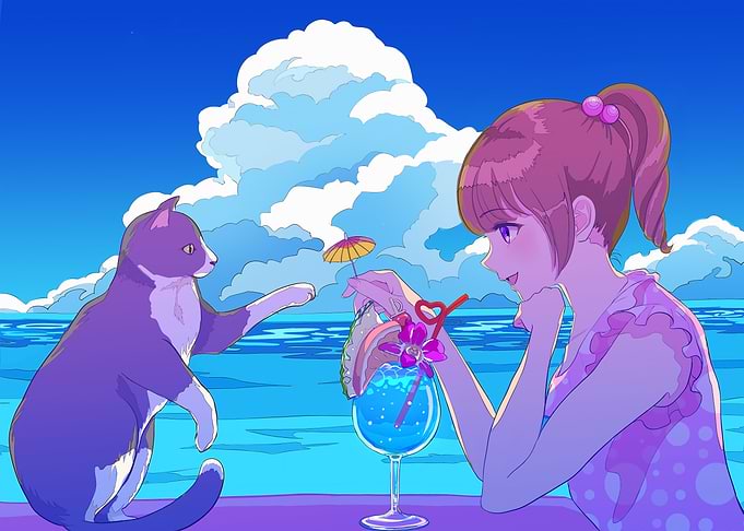 Anime Girl with Cat and Cocktail