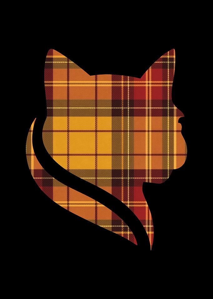 Plaid Cat Silhouette on Black Background