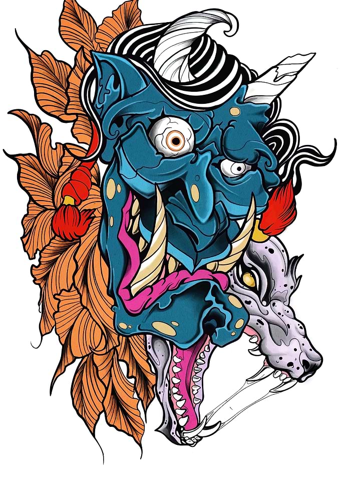 Japanese Oni Mask and Wolf Illustration