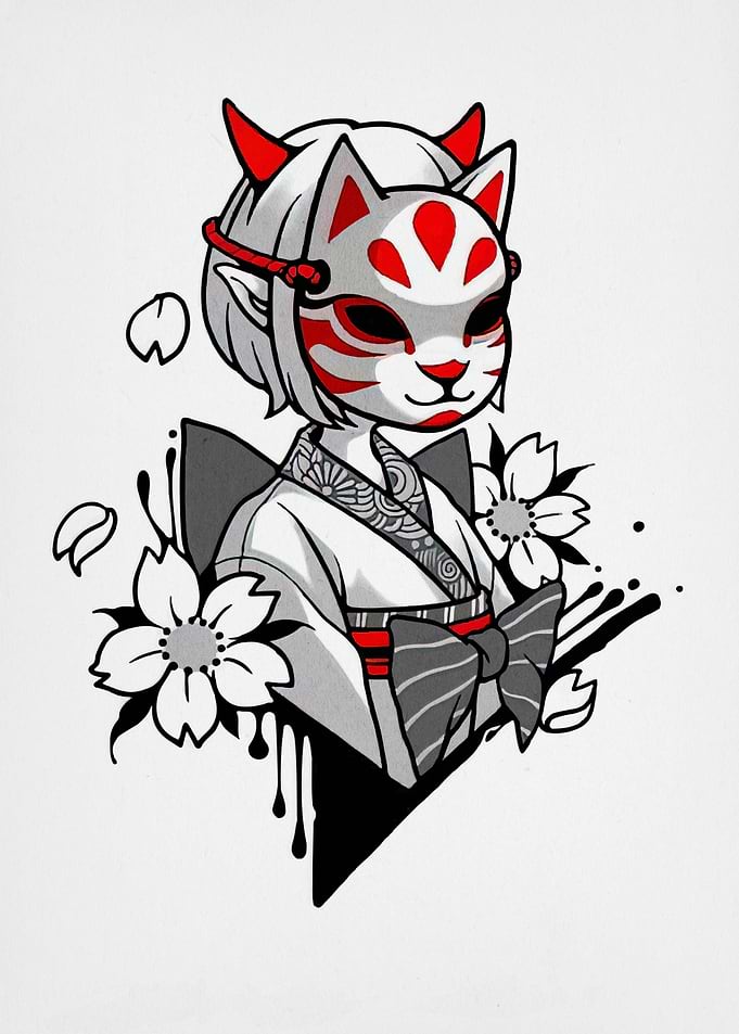 Anime Girl with Kitsune Mask