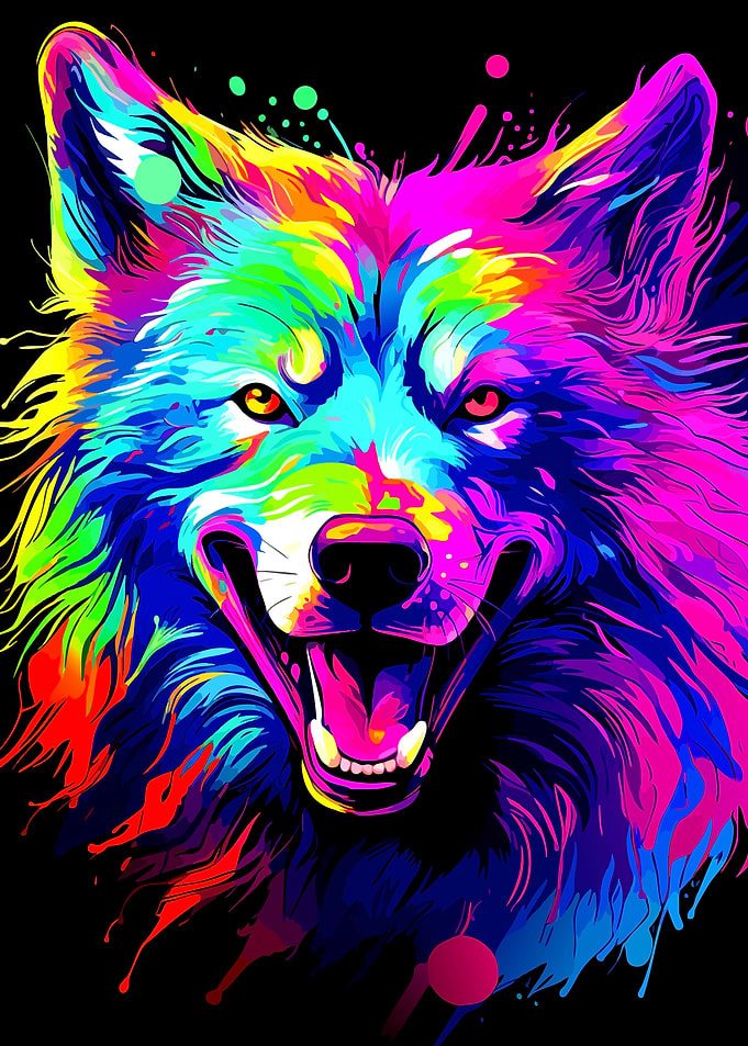 Colorful Wolf Portrait on Black Background