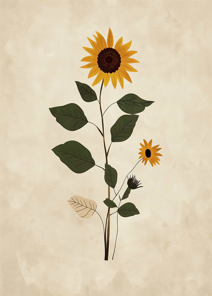 Sunflower botanical illustration on beige background