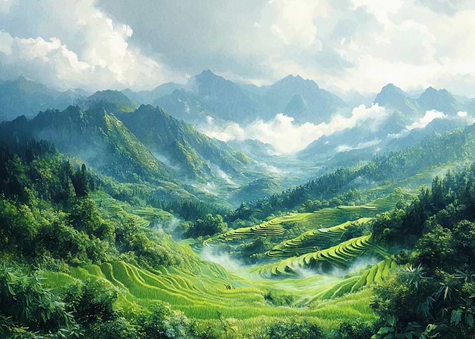 Lush Green Mountain Rice Terraces