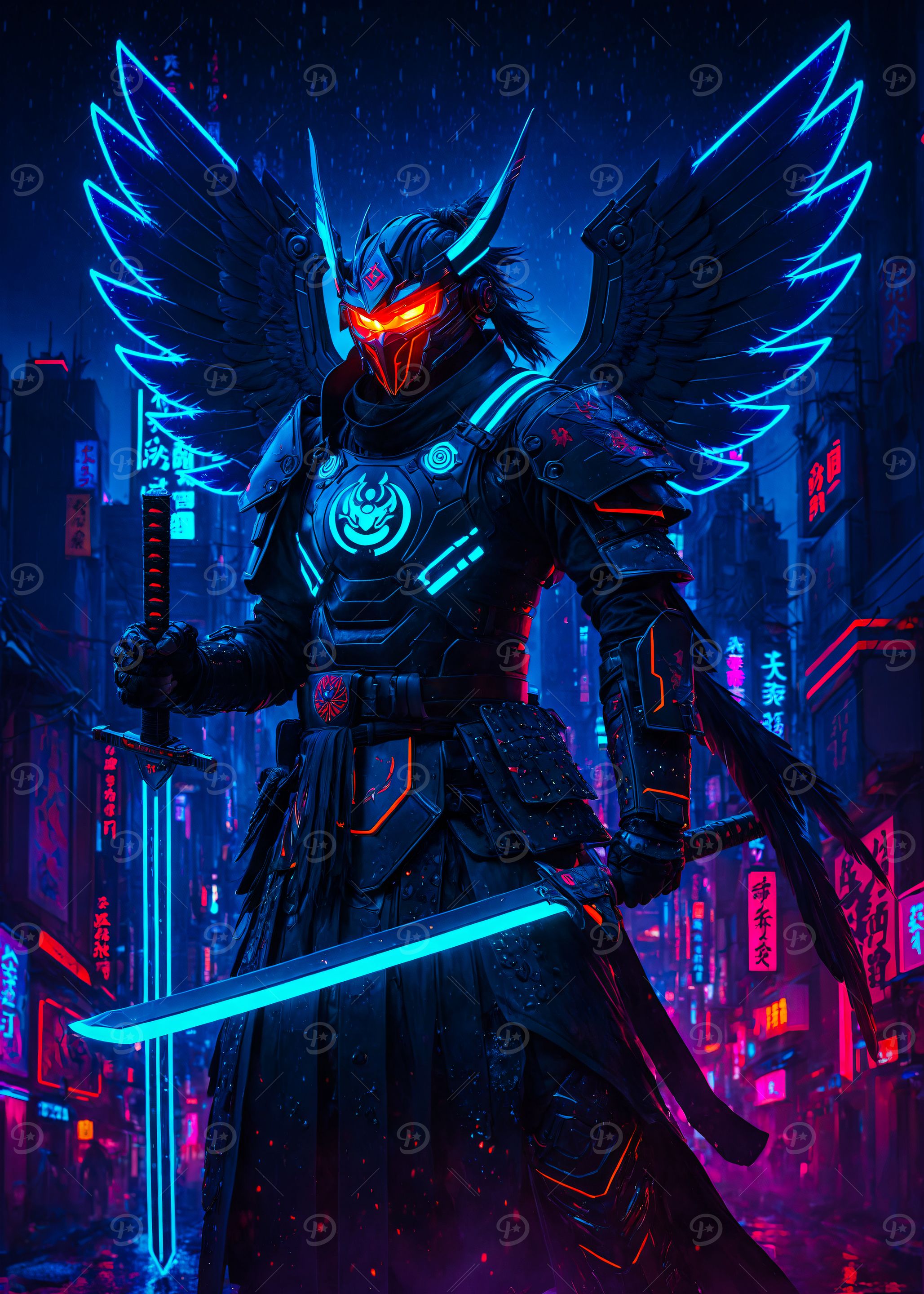 Futuristic Samurai with Neon Wings