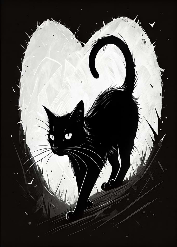 Black Cat Silhouette in white Heart Cats