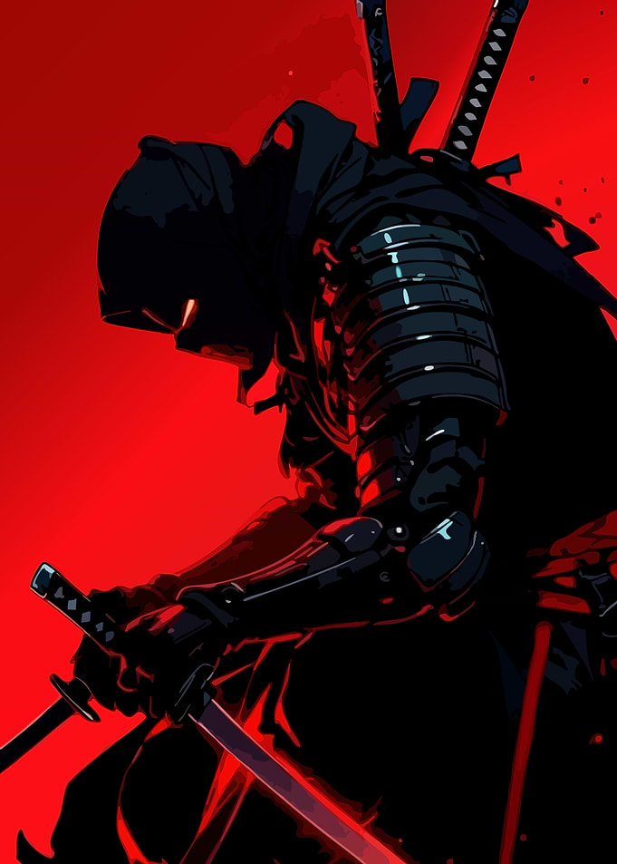 Hooded Samurai Warrior with Dual Swords