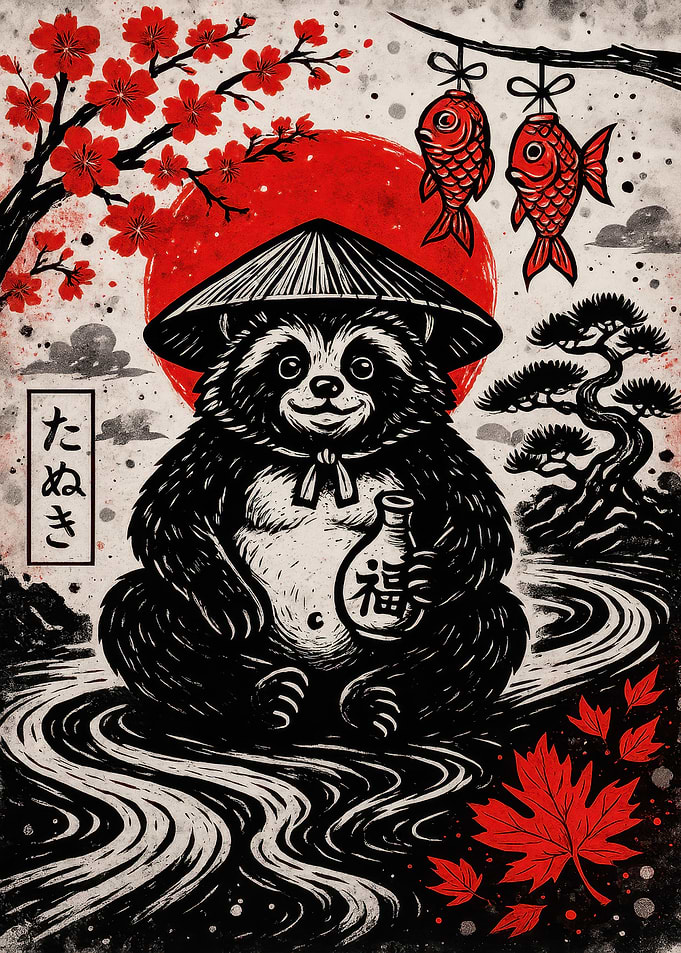 Tanuki with Sake Bottle Illustration