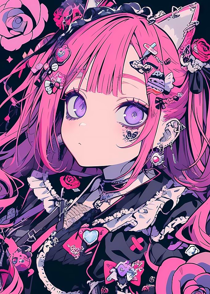Goth Anime Girl with Pink Hair and Cat Ears