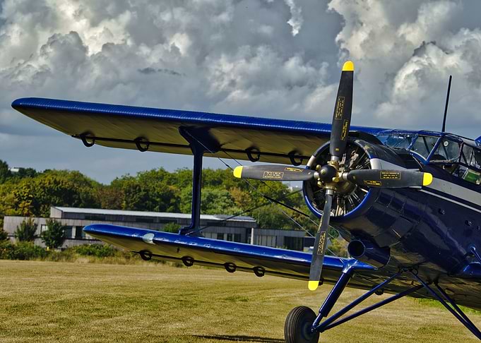 Blue Antonov AN2 on Grassy Field