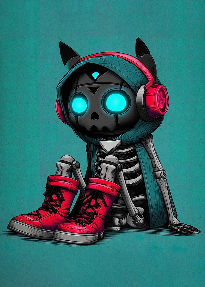 Cartoon Skeleton with Headphones and Boots