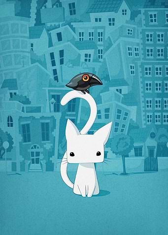 White Cat with Bird in Cityscape