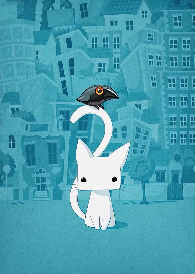 White Cat with Bird in Cityscape