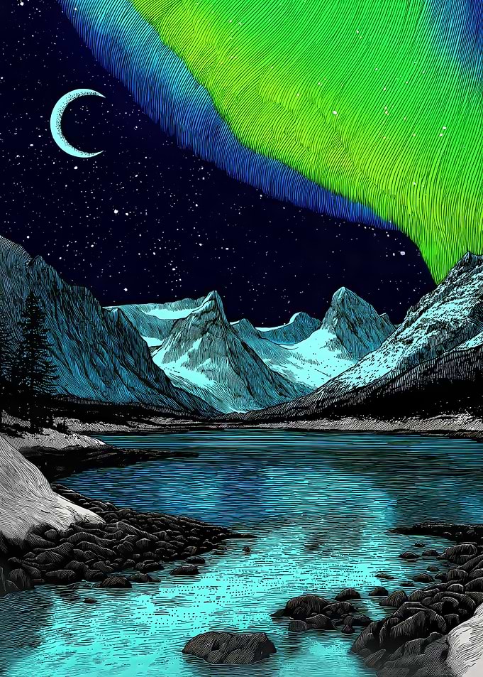 Aurora Borealis over Mountain Lake