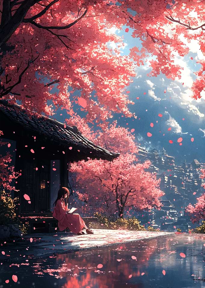 Cherry Blossom Reading Scene
