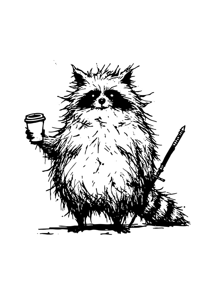 Raccoon with Coffee and Sword