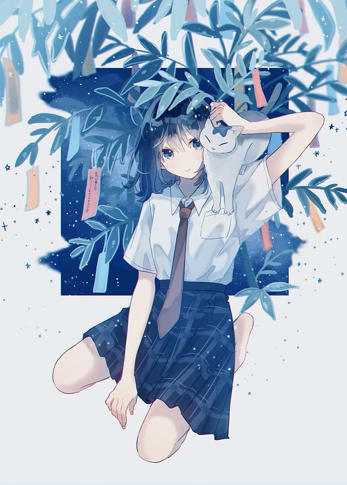 Anime Girl with Cat and Tanabata