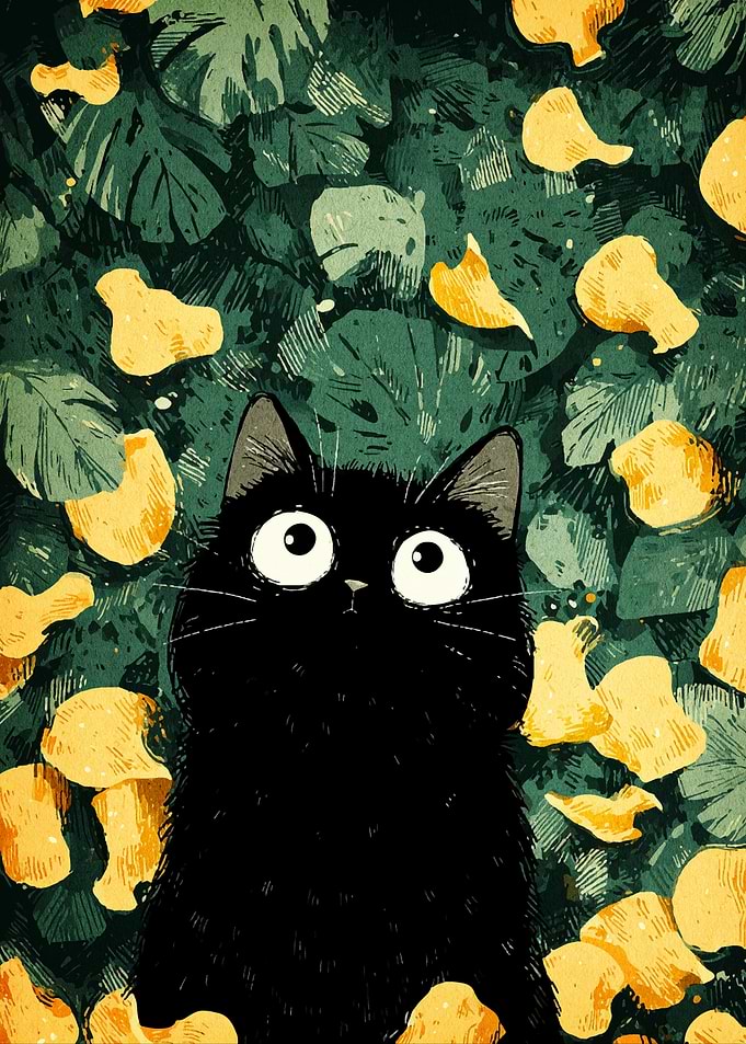 Black Cat in a Forest Illustration