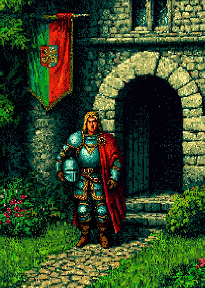 Pixel Art Knight at Castle Entrance